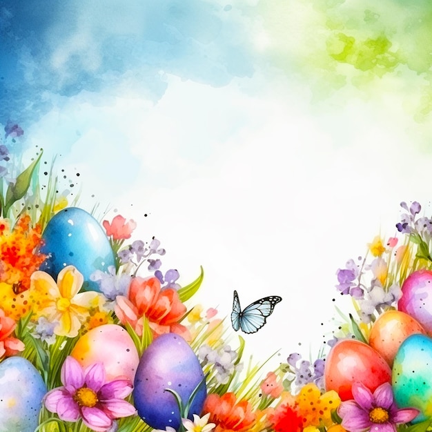 un dipinto di uova di Pasqua in un giardino con una farfalla in cima