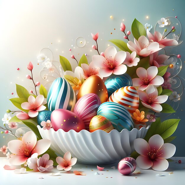 un dipinto di uova di Pasqua in una ciotola con fiori e le parole Pasqua