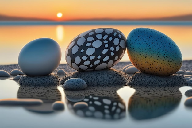 Un dipinto di uova su una spiaggia con il sole che tramonta dietro di loro