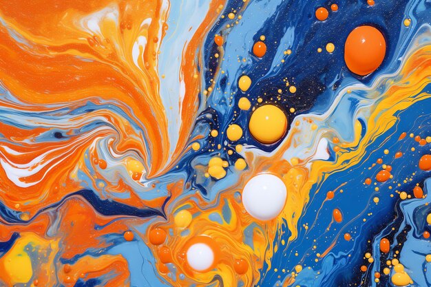 Un dipinto di vernice arancione e blu con cerchi bianchi e cerchi bianchi