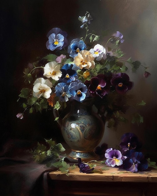 Un dipinto di viole del pensiero e altri fiori su un tavolo.