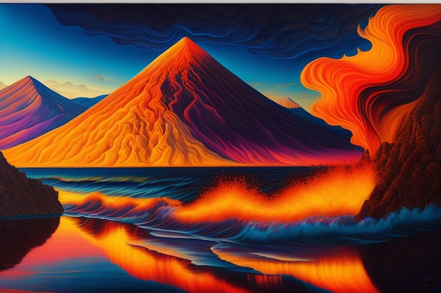 Un dipinto di vulcano con il sole che splende su di esso