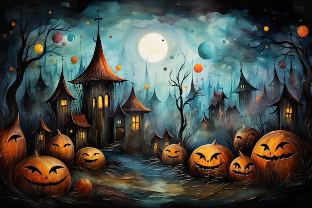 Un dipinto di zucche di Halloween davanti a un'immagine ai generativa del castello