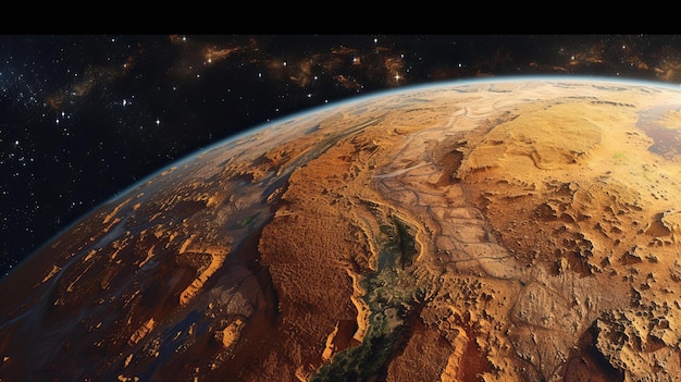 Un dipinto digitale che raffigura una vista ampia della Terra dallo spazio che mostra un pianeta asciutto senza acqua con caratteristiche geologiche intricate Creato utilizzando pittura digitale geologia dettagliata AI Generative