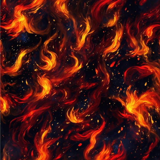 Un dipinto digitale colorato un fuoco rosso giallo brillante che arde contro il cielo notturno