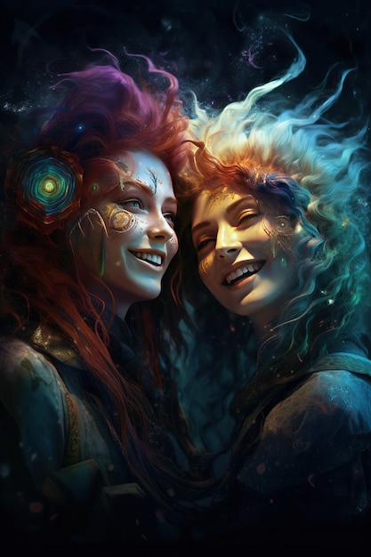 Un dipinto digitale di due donne con le parole "magia" in basso a destra