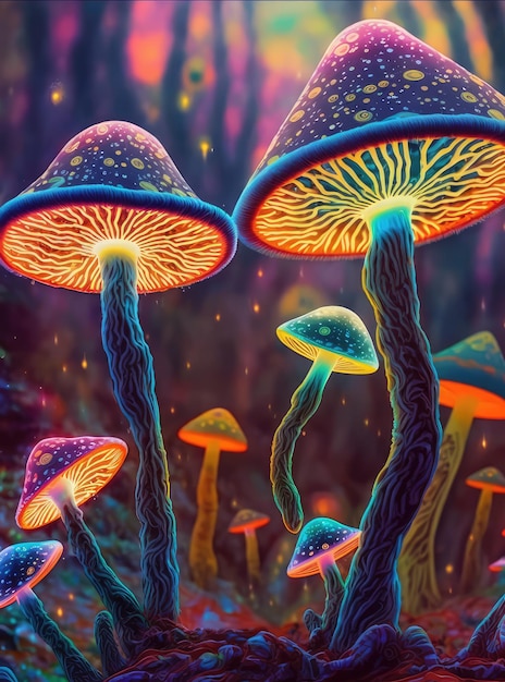 Un dipinto digitale di funghi con luci brillanti