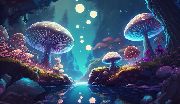 Un dipinto digitale di funghi in una foresta