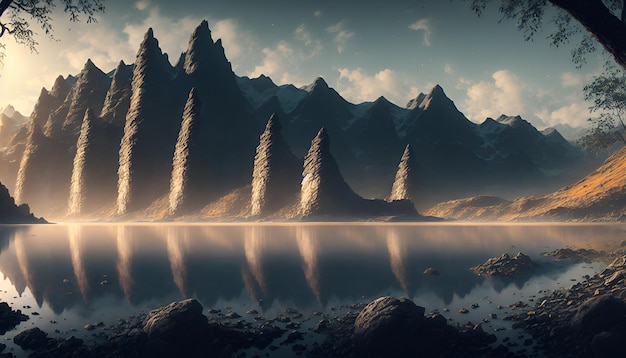 Un dipinto digitale di montagne e un lago con le montagne sullo sfondo