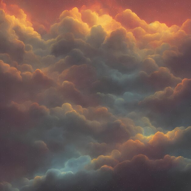 Un dipinto digitale di nuvole con il sole che splende su di esse.