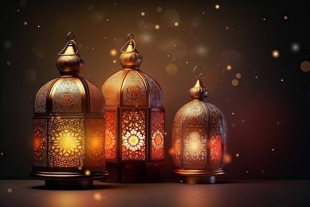 Un dipinto digitale di tre lampade con testo arabo su di esse.