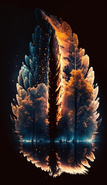 Un dipinto digitale di un albero con piume e la parola fuoco su di esso
