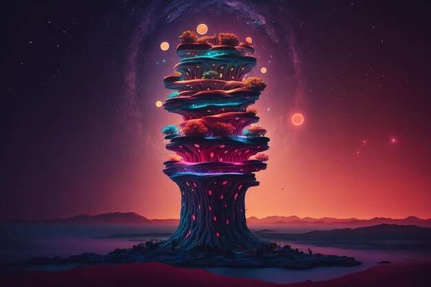 Un dipinto digitale di un albero con un pianeta sullo sfondo.