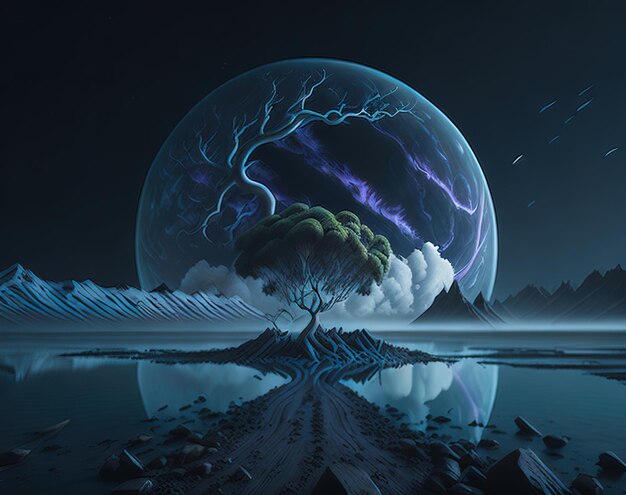 Un dipinto digitale di un albero con un pianeta sullo sfondo
