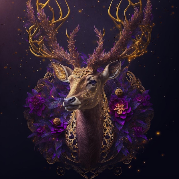 Un dipinto digitale di un cervo con dei fiori sopra