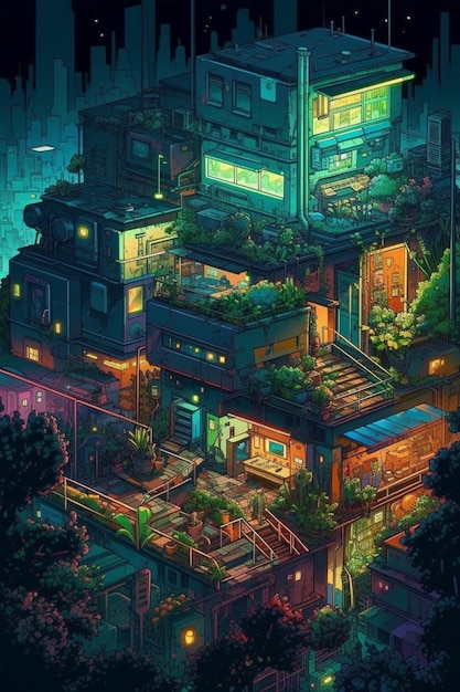 Un dipinto digitale di un edificio con delle piante sopra