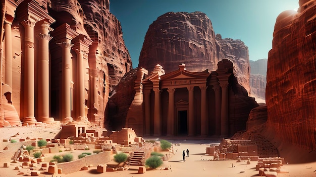 Un dipinto digitale di un edificio nel deserto con le rovine di un tempio in primo piano.