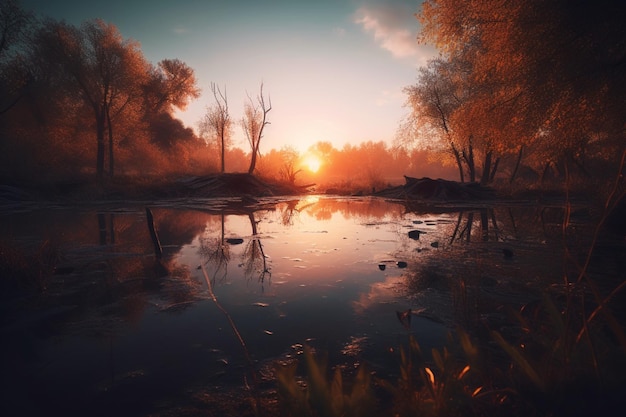 Un dipinto digitale di un fiume con alberi e il sole che tramonta sullo sfondo