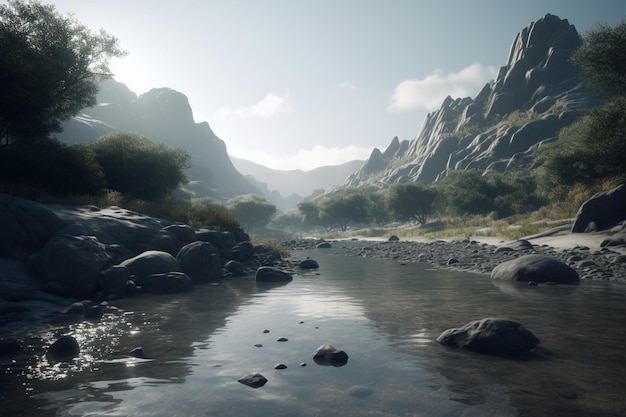 Un dipinto digitale di un fiume con le montagne sullo sfondo.