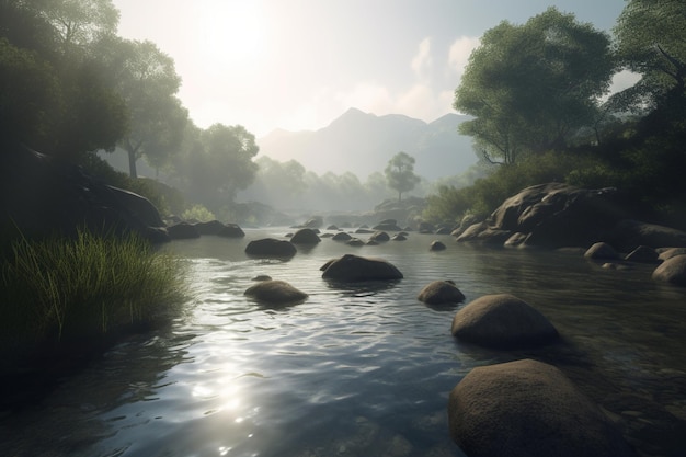 Un dipinto digitale di un fiume con rocce e alberi in primo piano.