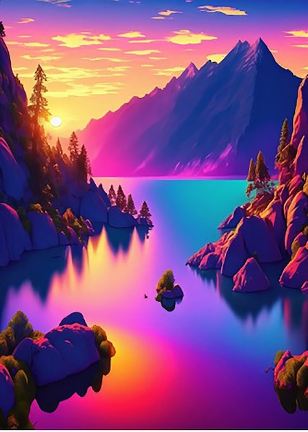 Un dipinto digitale di un fiume o di un lago e di montagne con un tramonto o un'alba sullo sfondo