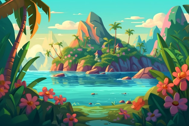 Un dipinto digitale di un'isola tropicale con un'isola tropicale e palme.