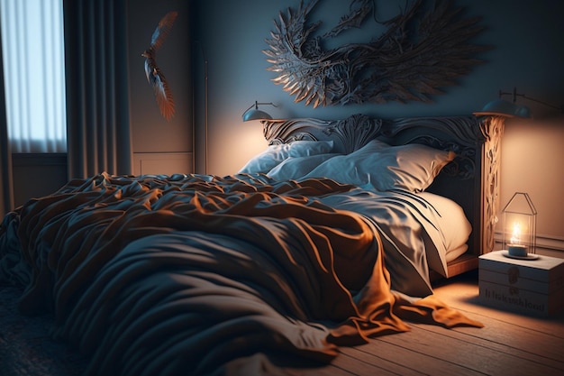 Un dipinto digitale di un letto con sopra un uccello