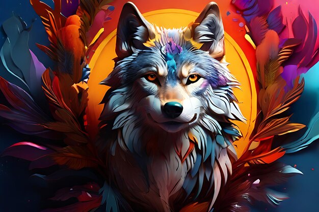 Un dipinto digitale di un lupo con foglie colorate arte digitale