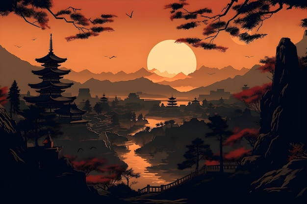 Un dipinto digitale di un paesaggio con un tramonto e un paesaggio giapponese
