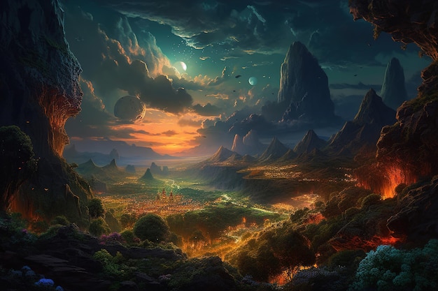 Un dipinto digitale di un paesaggio con un tramonto e un pianeta sullo sfondo.
