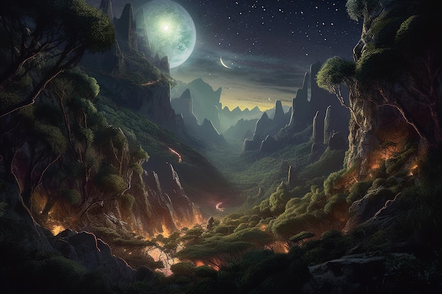 Un dipinto digitale di un paesaggio montano con luna e stelle