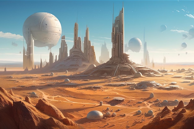 Un dipinto digitale di un pianeta con un grande edificio e un grande pianeta con una grande palla bianca