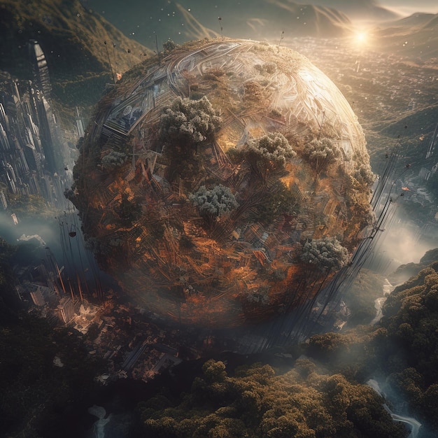 Un dipinto digitale di un pianeta con un pianeta in fiamme sullo sfondo.