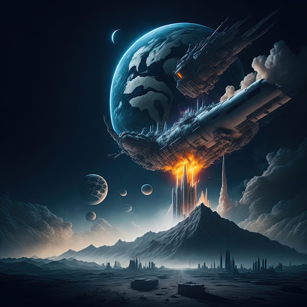 Un dipinto digitale di un pianeta con un pianeta sullo sfondo.