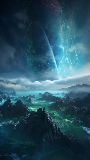 Un dipinto digitale di un pianeta con una montagna sullo sfondo