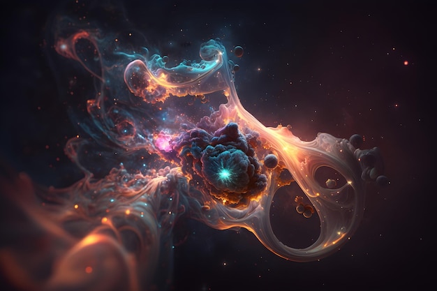 Un dipinto digitale di un pianeta con una nebulosa blu e arancione al centro.