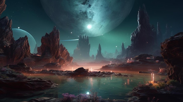 Un dipinto digitale di un pianeta con una stella nel cielo.
