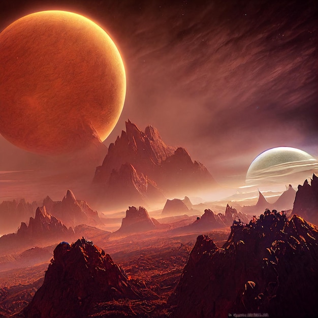 Un dipinto digitale di un pianeta e due lune