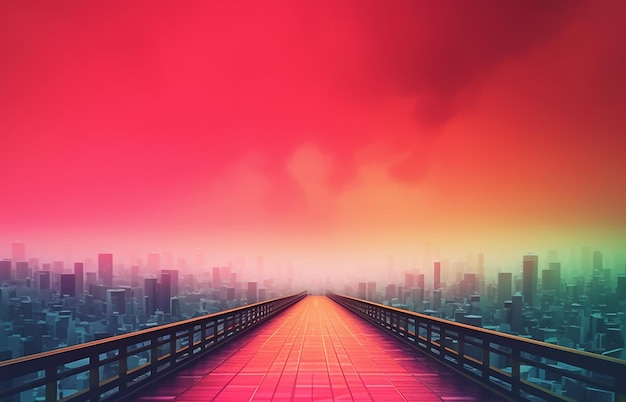 Un dipinto digitale di un ponte e di una città.