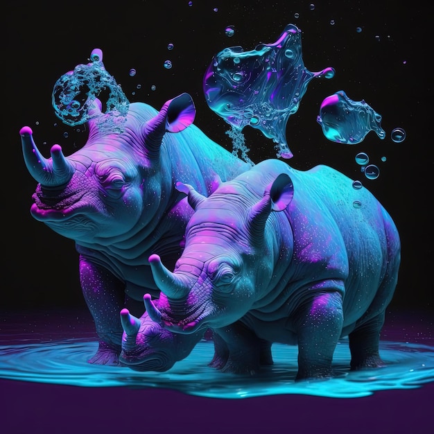 Un dipinto digitale di un rinoceronte e un rinoceronte.