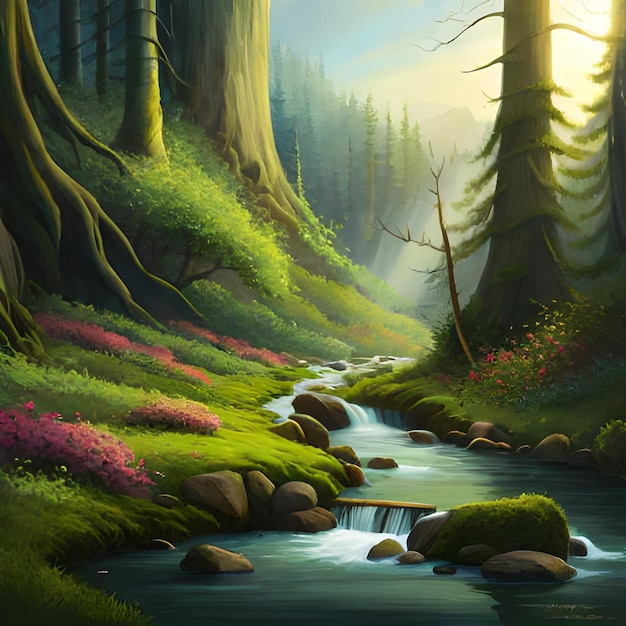 Un dipinto digitale di un ruscello in una foresta con una foresta e una foresta sullo sfondo.