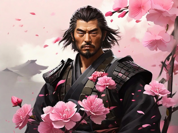 Un dipinto digitale di un samurai con fiori rosa sullo sfondo