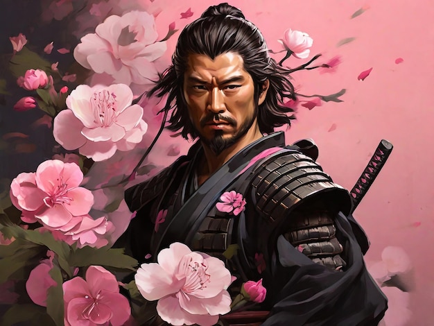 Un dipinto digitale di un samurai con fiori rosa sullo sfondo