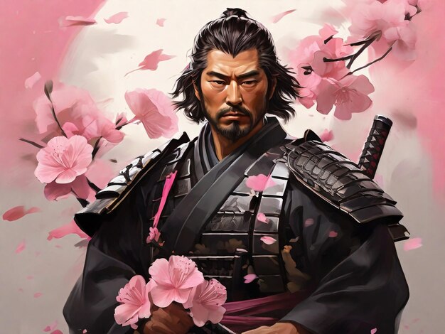 Un dipinto digitale di un samurai con fiori rosa sullo sfondo