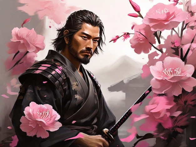 Un dipinto digitale di un samurai con fiori rosa sullo sfondo