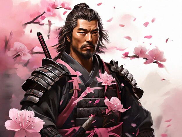 Un dipinto digitale di un samurai con fiori rosa sullo sfondo