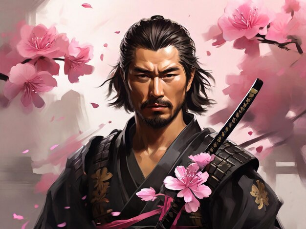 Un dipinto digitale di un samurai con fiori rosa sullo sfondo