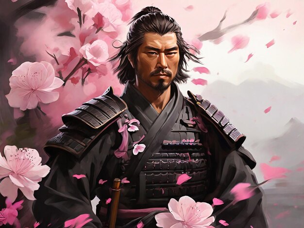 Un dipinto digitale di un samurai con fiori rosa sullo sfondo