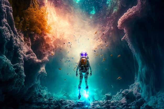 Un dipinto digitale di un subacqueo in una grotta
