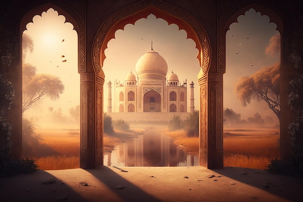 Un dipinto digitale di un taj mahal con uno stagno in primo piano